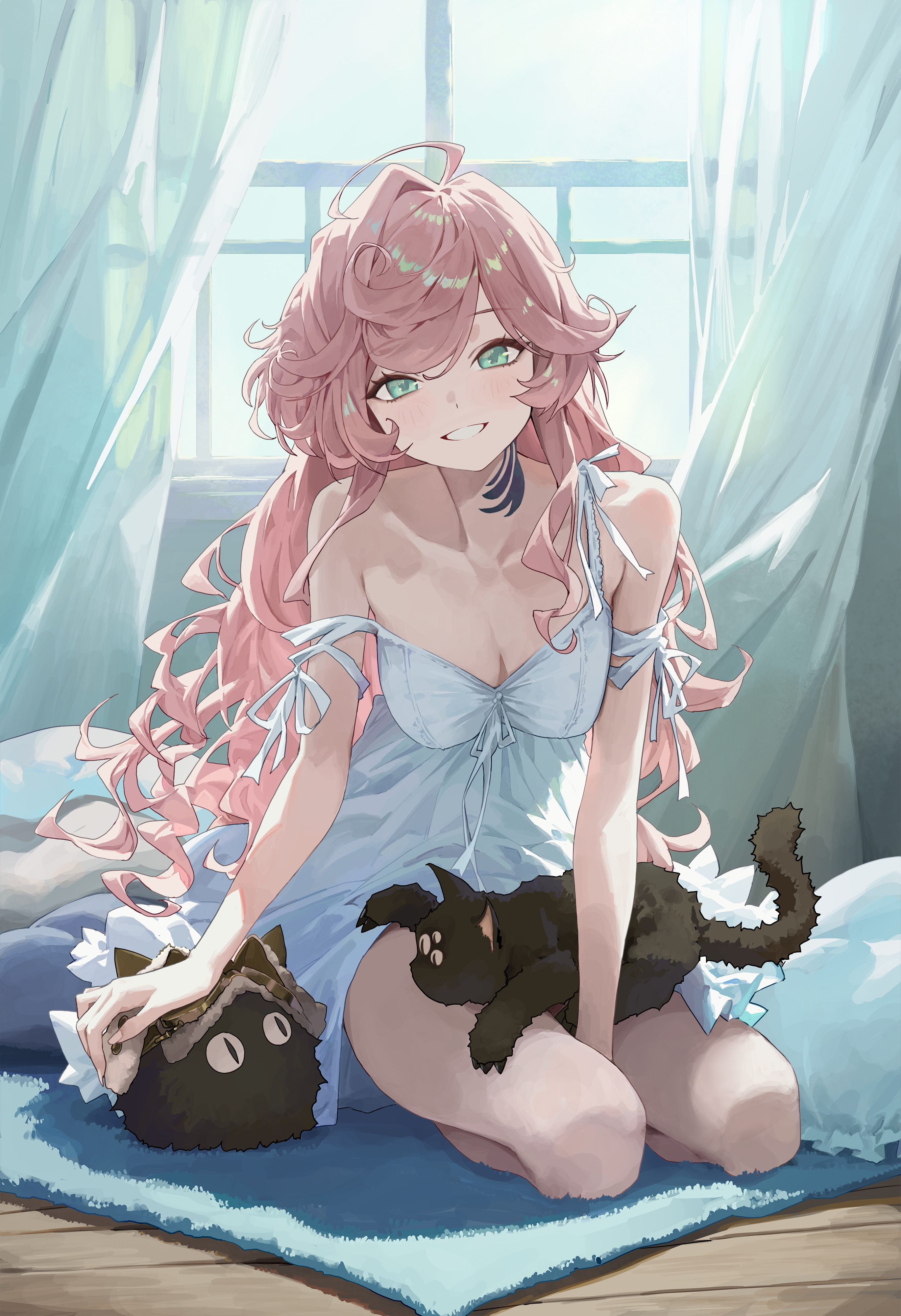 m.q (mqkyrie), nautika (reverse:1999), reverse:1999, absurdres, commentary, english commentary, highres, 1girl, animal, animal on lap, bare shoulders, black cat, breasts, cat, cleavage, curtains, green eyes, indoors, large breasts, long hair, looking at viewer, neck tattoo, nightgown, on lap, pink hair, smile, solo, tattoo, very long hair, white nightgown, wooden floor