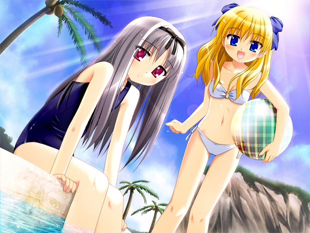 kani biimu, tsuzuki maki, harley sarasa bastille, sera ranevskaya, sakura machizaka stories, sensei ga oshiete ageru, plaid, game cg, 2girls, :d, ball, bandeau, beach, beachball, bikini, blonde hair, blue eyes, blue one-piece swimsuit, blue sky, blush, bow, breasts, clenched hand, cliff, cloud, cloudy sky, coconut, day, dutch angle, flat chest, from side, grey hair, hair bow, hairband, holding, leaning forward, light rays, long hair, looking at viewer, multiple girls, navel, o-ring, o-ring top, one-piece swimsuit, open mouth, outdoors, palm tree, parted bangs, pink eyes, red eyes, school swimsuit, side-tie bikini bottom, sitting, sky, small breasts, smile, soaking feet, standing, sun, sunbeam, sunlight, swimsuit, transparent, tree, water, white bikini