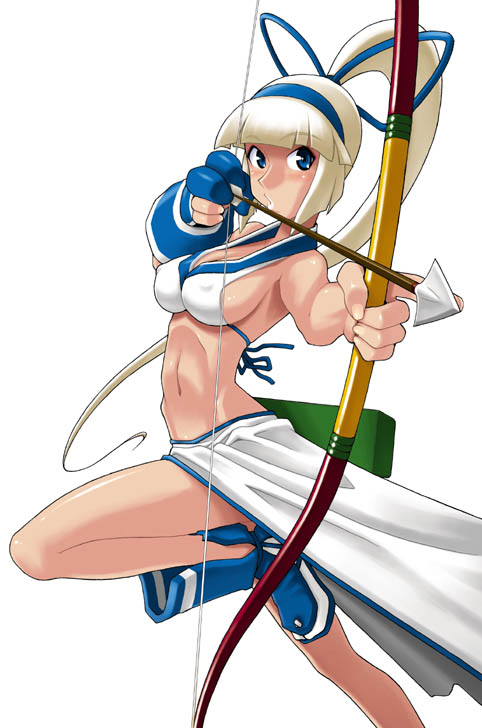 nishimo, majikina mina, samurai spirits, snk, 1girl, arrow (projectile), bow, bow (weapon), breasts, covered erect nipples, drawing bow, female focus, holding, holding bow (weapon), holding weapon, large breasts, sideboob, solo, weapon