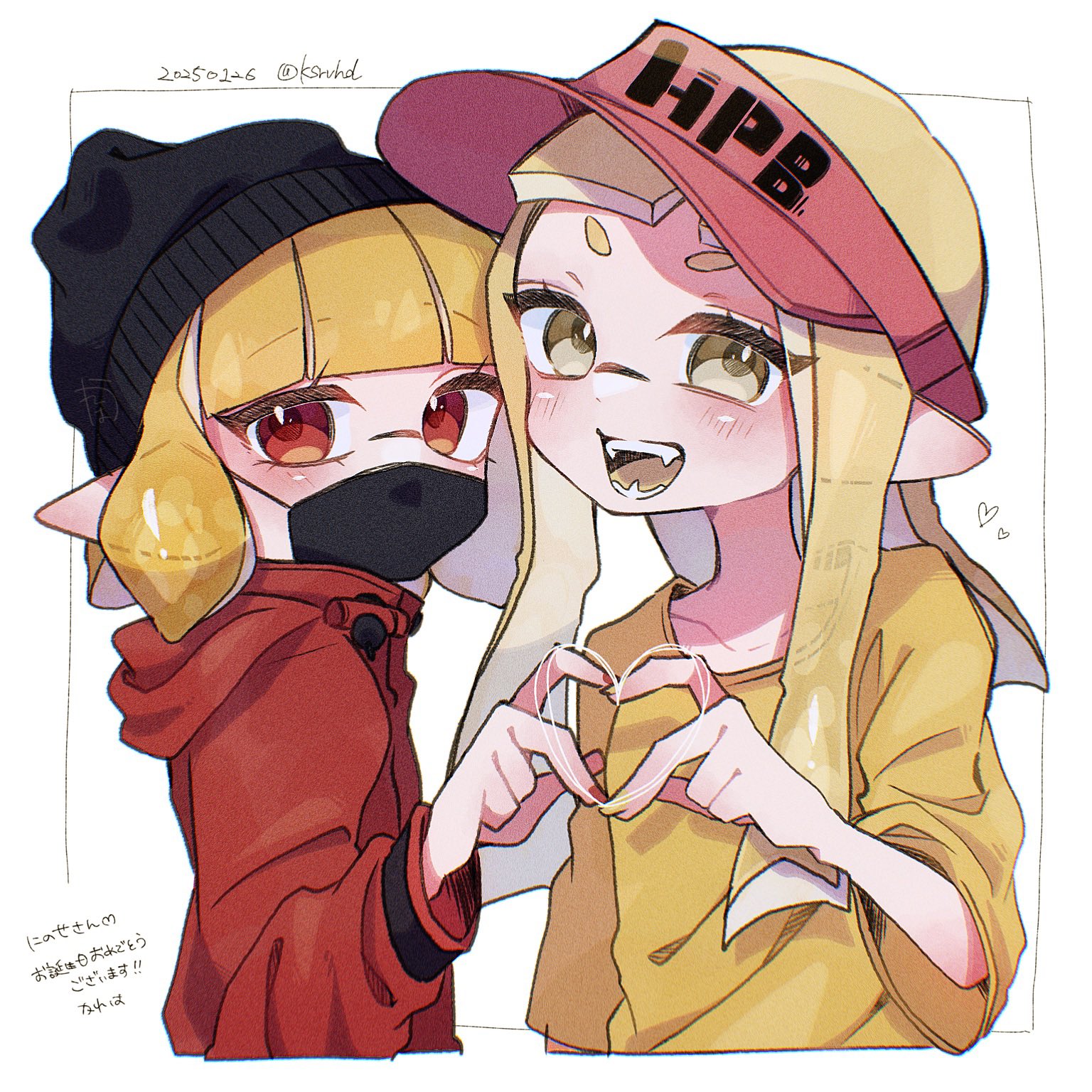 aheruk, inkling girl, inkling player character, nintendo, splatoon (series), splatoon 3, commentary, highres, symbol-only commentary, translation request, 2girls, artist name, beanie, black hat, blonde hair, dated, hat, heart, heart hands, inkling, inset border, jacket, long hair, looking at viewer, mask, medium hair, mouth mask, multiple girls, open mouth, outside border, red eyes, red hat, red jacket, shirt, short eyebrows, smile, standing, t-shirt, teeth, tentacle hair, thick eyebrows, twitter username, upper body, visor cap, white background, yellow eyes, yellow shirt