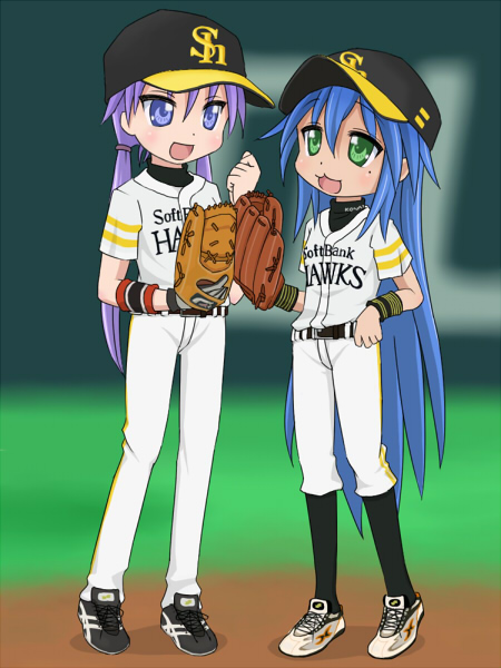 mountain pukuichi, hiiragi kagami, izumi konata, fukuoka softbank hawks, lucky star, nippon professional baseball, bad id, bad pixiv id, 00s, 2girls, baseball, baseball cap, baseball glove, blue eyes, blue hair, clothes writing, green eyes, hat, left-handed, mole, mole under eye, multiple girls, purple eyes, purple hair