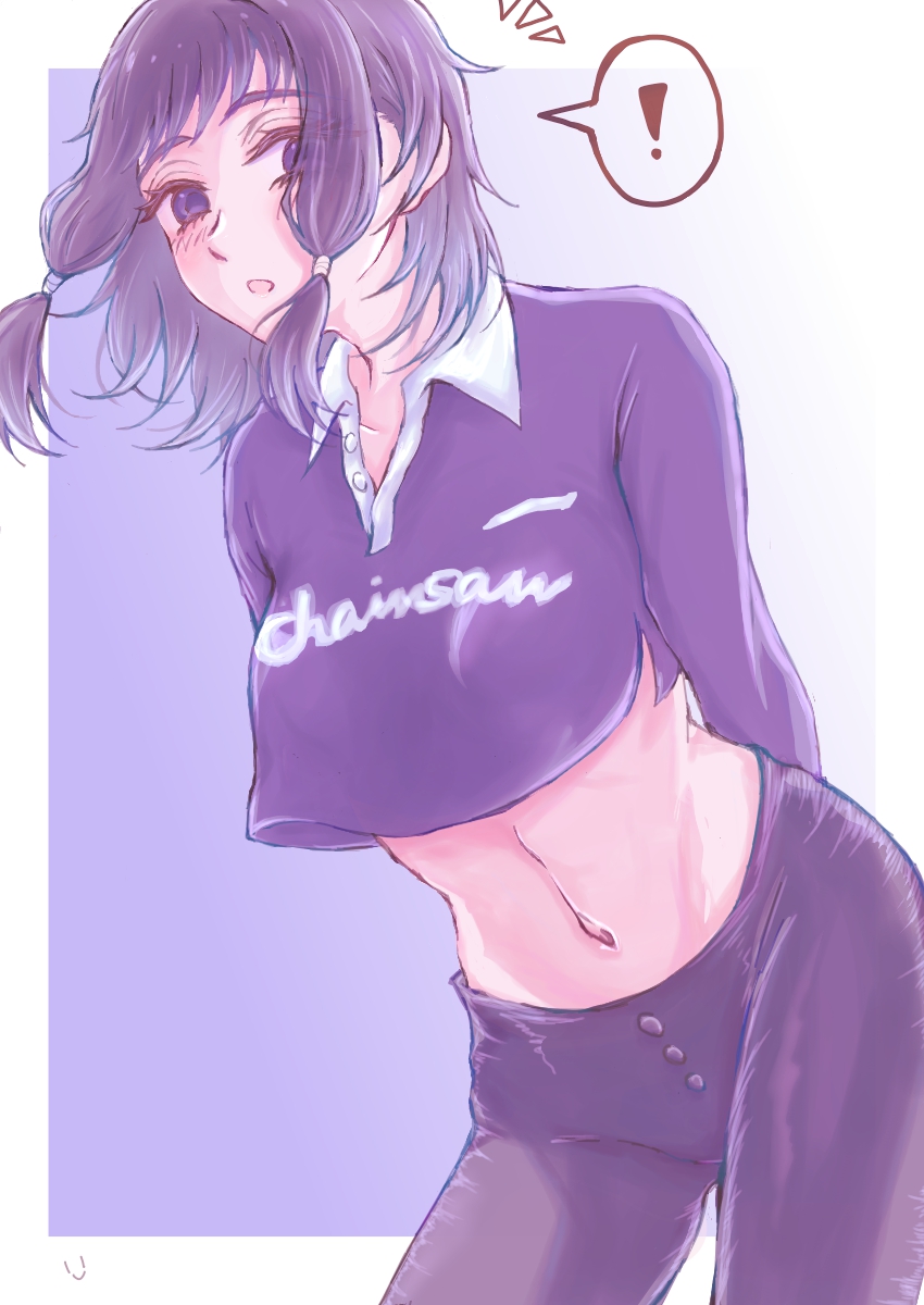 mifune fumiko, chainsaw man, highres, !, 1girl, arms behind back, black eyes, black hair, black pants, black shirt, cropped shirt, long sleeves, low-tied sidelocks, navel, notice lines, open mouth, pants, sakag4 mi, shirt, sidelocks, solo, speech bubble, spoken exclamation mark