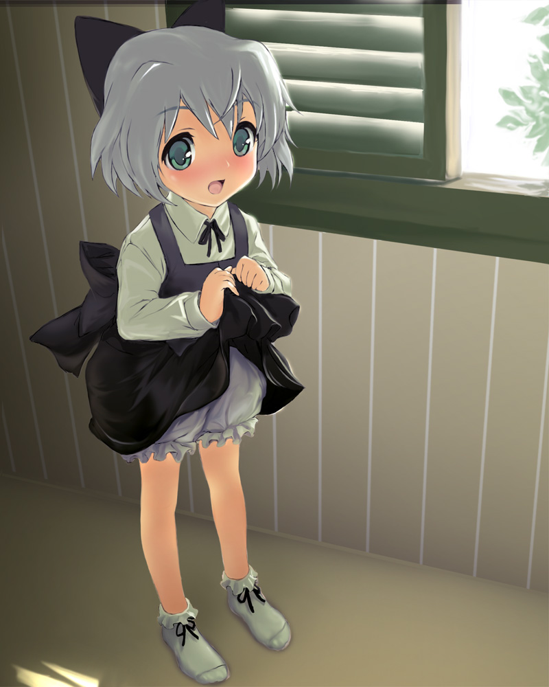 sanya v. litvyak, strike witches, world witches series, silver hair, 00s, 1girl, aged down, bloomers, blush, dress, female focus, green eyes, open mouth, ribbon, short hair, socks, solo, underwear, white bloomers, window