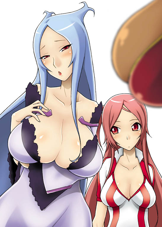 nishimo, garnet mclane, machina (dragonaut), toa (dragonaut), dragonaut, 00s, 2girls, :o, blue hair, breast envy, breasts, bursting breasts, cleavage, dark-skinned female, dark skin, huge breasts, large breasts, looking at breasts, multiple girls, pink hair, red eyes