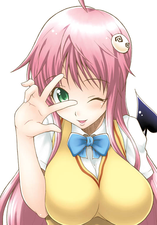 nishimo, lala satalin deviluke, peke (to love-ru), to love-ru, 00s, 1girl, bow, bowtie, breasts, female focus, green eyes, large breasts, long hair, one eye closed, pink hair, solo, tail, v, v over eye, wink