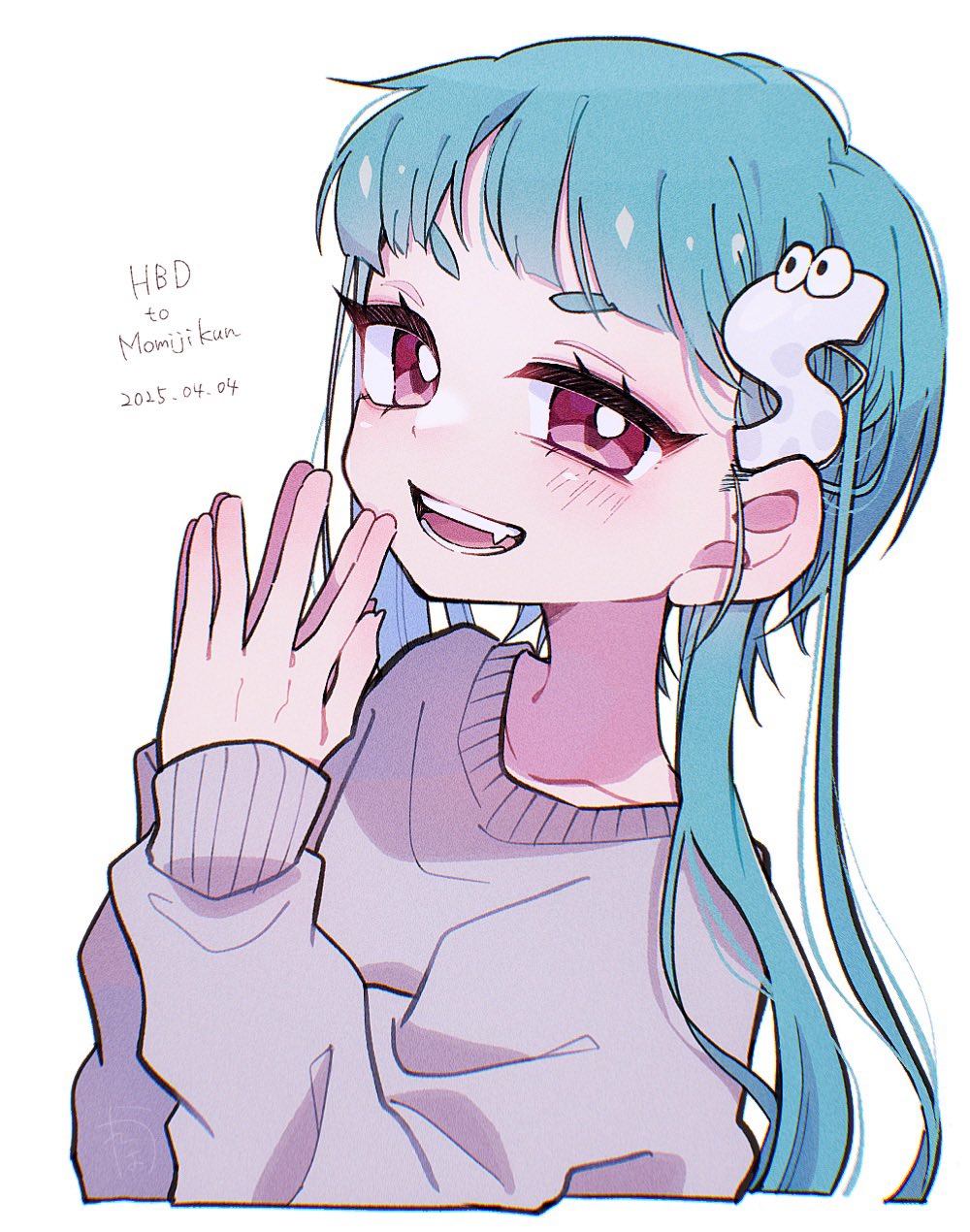 aheruk, inkling girl, inkling player character, nintendo, splatoon (series), splatoon 3, commentary, highres, symbol-only commentary, 1girl, blue hair, dated, grey sweater, happy birthday, humanization, long hair, looking at viewer, open mouth, own hands together, red eyes, simple background, sleeves past wrists, smile, solo, sweater, teeth, upper body, white background