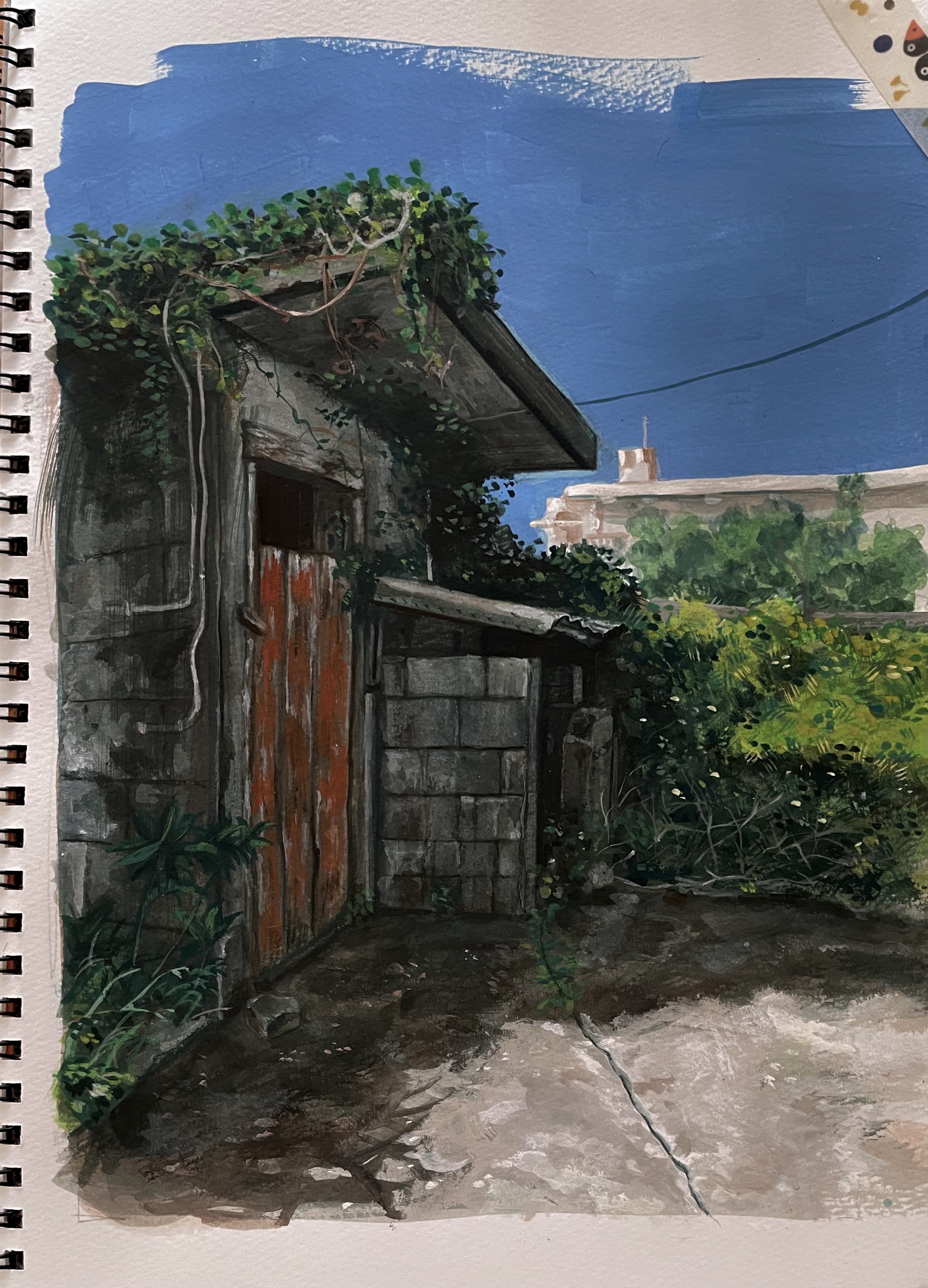 000v666, original, absurdres, highres, painting (medium), traditional media, blue sky, building, day, no humans, outdoors, plant, scenery, sky