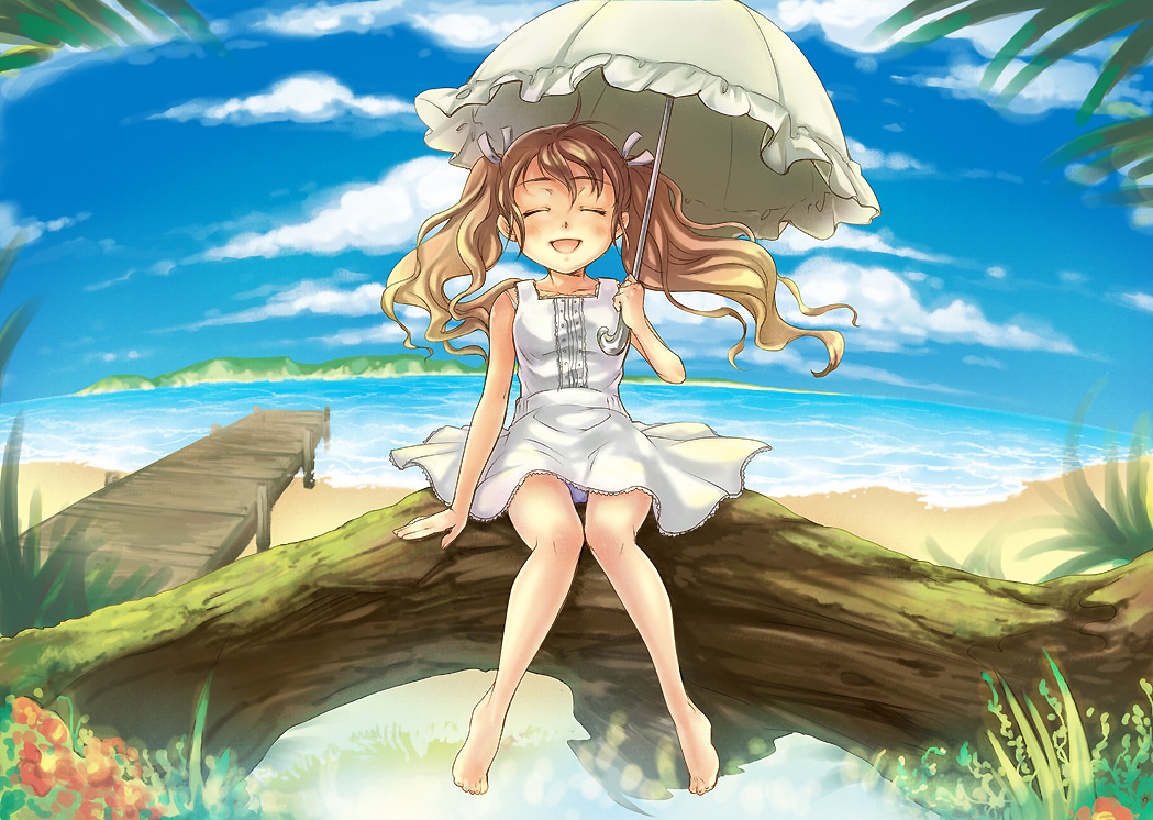 kan satomi, original, barefoot, beach, brown hair, closed eyes, day, dress, feet, panties, pantyshot, parasol, smile, solo, twintails, umbrella, underwear, upskirt, white panties