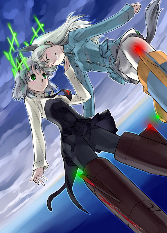 koma (qqq111), eila ilmatar juutilainen, sanya v. litvyak, strike witches, world witches series, silver hair, bad id, bad pixiv id, 00s, 2girls, animal ears, antennae, black pantyhose, forehead-to-forehead, green eyes, heads together, hirschgeweih antennas, long hair, multiple girls, pantyhose, short hair, skirt, tail, white pantyhose