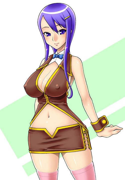 nishimo, 1girl, blue eyes, blue hair, bow, bowtie, breasts, cleavage, covered erect nipples, female focus, large breasts, matching hair/eyes, miniskirt, nipples, pencil skirt, skirt, solo, thighhighs
