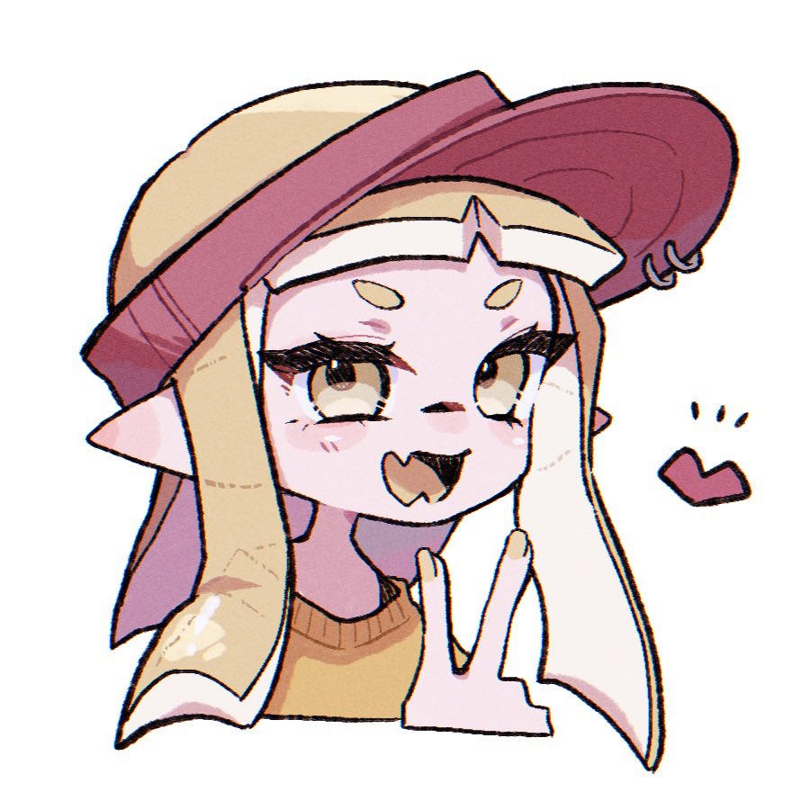 aheruk, nintendo, splatoon (series), splatoon 3, commentary, symbol-only commentary, 1girl, blonde hair, fang, hat, heart, inkling, long hair, nail polish, open mouth, pointy ears, red hat, short eyebrows, simple background, skin fang, smile, solo, sweater, tentacle hair, thick eyebrows, upper body, v, visor cap, white background, yellow eyes, yellow nails, yellow sweater