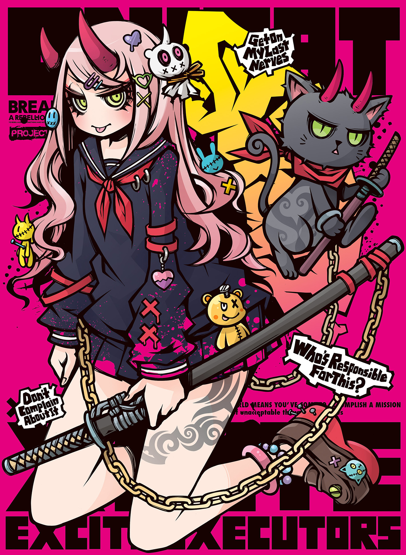 project.c.k., original, highres, 1girl, absurdly detailed composition, anklet, bandana, cat, chain, decora, doll hair ornament, english text, engrish text, green eyes, gyaru, haori, holding, holding sword, holding weapon, horned cat, japanese clothes, jewelry, katana, knife, leg tattoo, oni, pink hair, platform shoes, profanity, punk, ranguage, rokku gyaru, school uniform, sheath, sheathed, skull, splatter, stitches, stuffed animal, stuffed toy, sword, tattoo, text background, thumb ring, tongue, tongue out, weapon