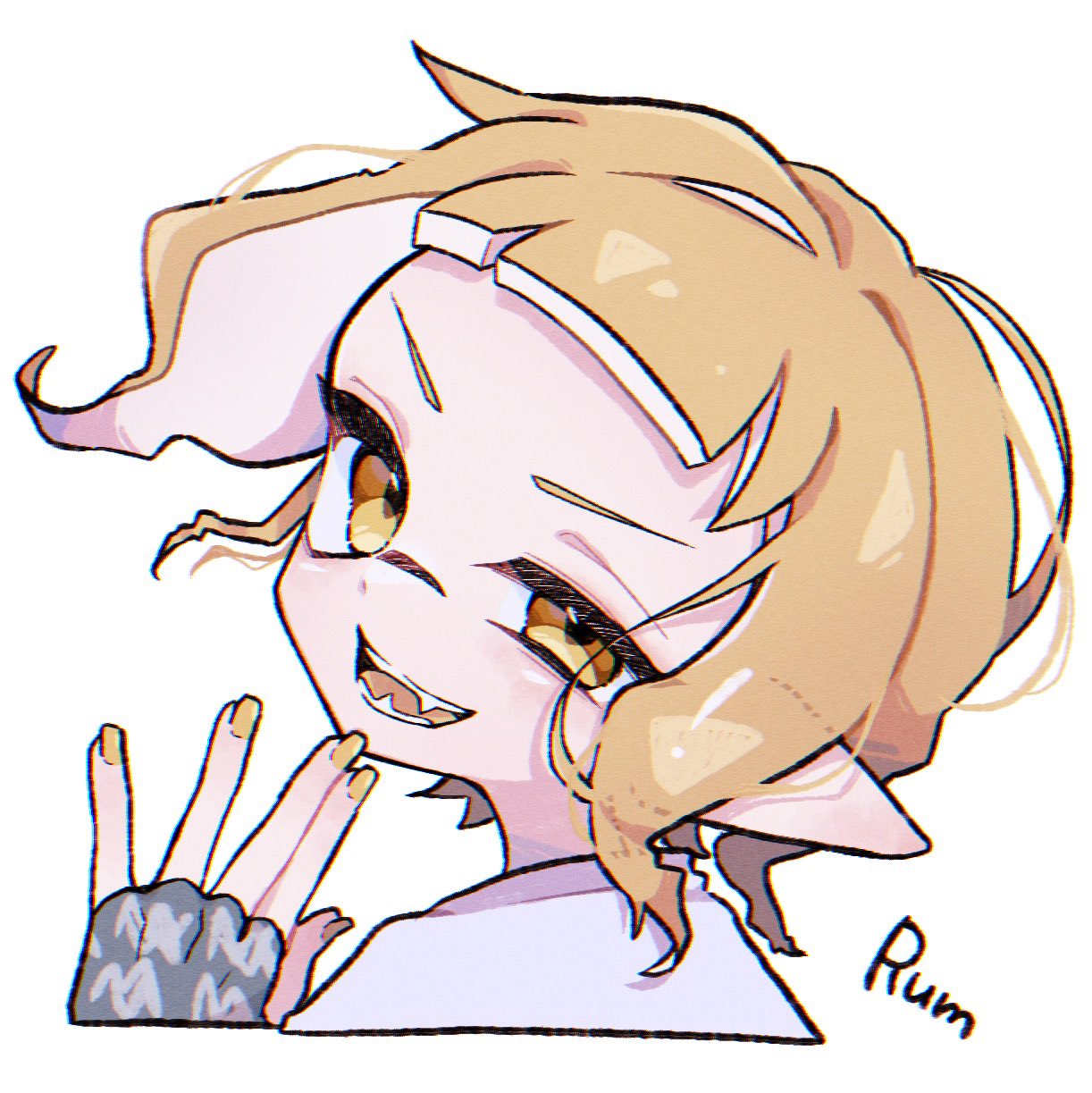aheruk, inkling girl, inkling player character, nintendo, splatoon (series), splatoon 3, commentary, highres, symbol-only commentary, 1girl, blonde hair, half-closed eye, inkling, looking at viewer, looking back, loose hair strand, medium hair, nail polish, pointy ears, portrait, simple background, smile, solo, tentacle hair, white background, yellow eyes, yellow nails