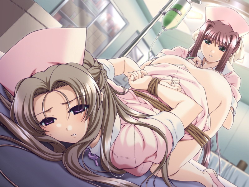 morita kazuaki, isami rinka, nanase ren, yakin byoutou, pink headwear, game cg, 00s, 2girls, arms behind back, bdsm, blurry, blurry background, bondage, bound, braid, brown hair, dutch angle, empty eyes, enema, female focus, femdom, hat, hospital, indoors, light blush, long hair, multiple girls, nurse, nurse cap, parted lips, pink hair, pink theme, restrained, rope, shibari, top-down bottom-up, yuri