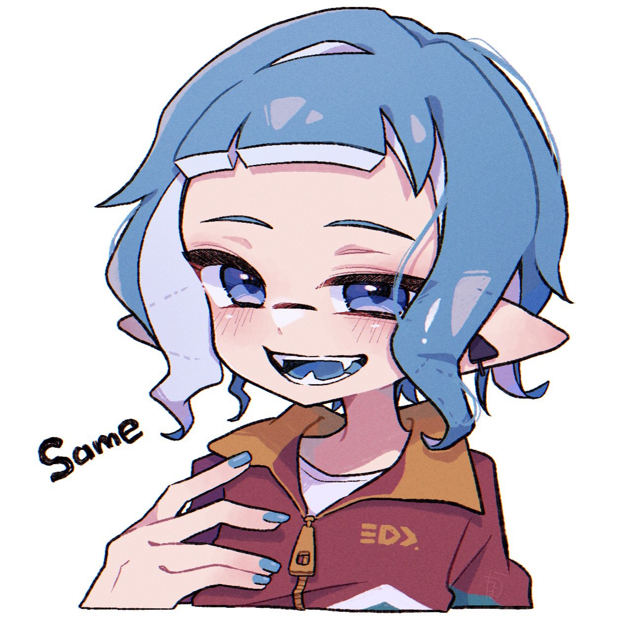 aheruk, inkling girl, inkling player character, nintendo, splatoon (series), splatoon 3, commentary, highres, symbol-only commentary, 1girl, blue eyes, blue hair, blue nails, inkling, jacket, looking at viewer, medium hair, nail polish, open mouth, pointy ears, red jacket, simple background, smile, solo, teeth, tentacle hair, upper body, white background, zipper, zipper pull tab