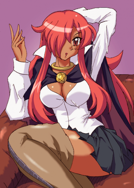 x.x, kirche augusta frederica von anhalt zerbst, zero no tsukaima, resized, 1girl, boots, breasts, cape, cleavage, dark skin, large breasts, long hair, pentacle, pixiv thumbnail, purple background, red eyes, red hair, sitting, thigh boots, thighhighs, very long hair