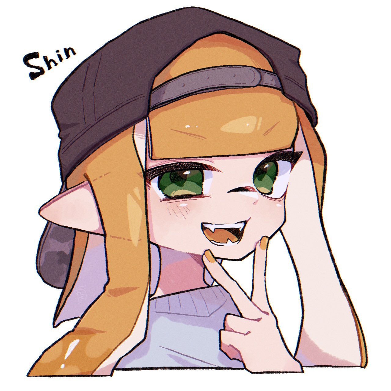 aheruk, inkling girl, inkling player character, nintendo, splatoon (series), splatoon 3, commentary, highres, symbol-only commentary, 1girl, backwards hat, baseball cap, black hat, green eyes, half-closed eye, hat, inkling, long hair, looking at viewer, nail polish, open mouth, orange hair, orange nails, pointy ears, portrait, simple background, smile, solo, sweater, teeth, tentacle hair, v, white background, white sweater