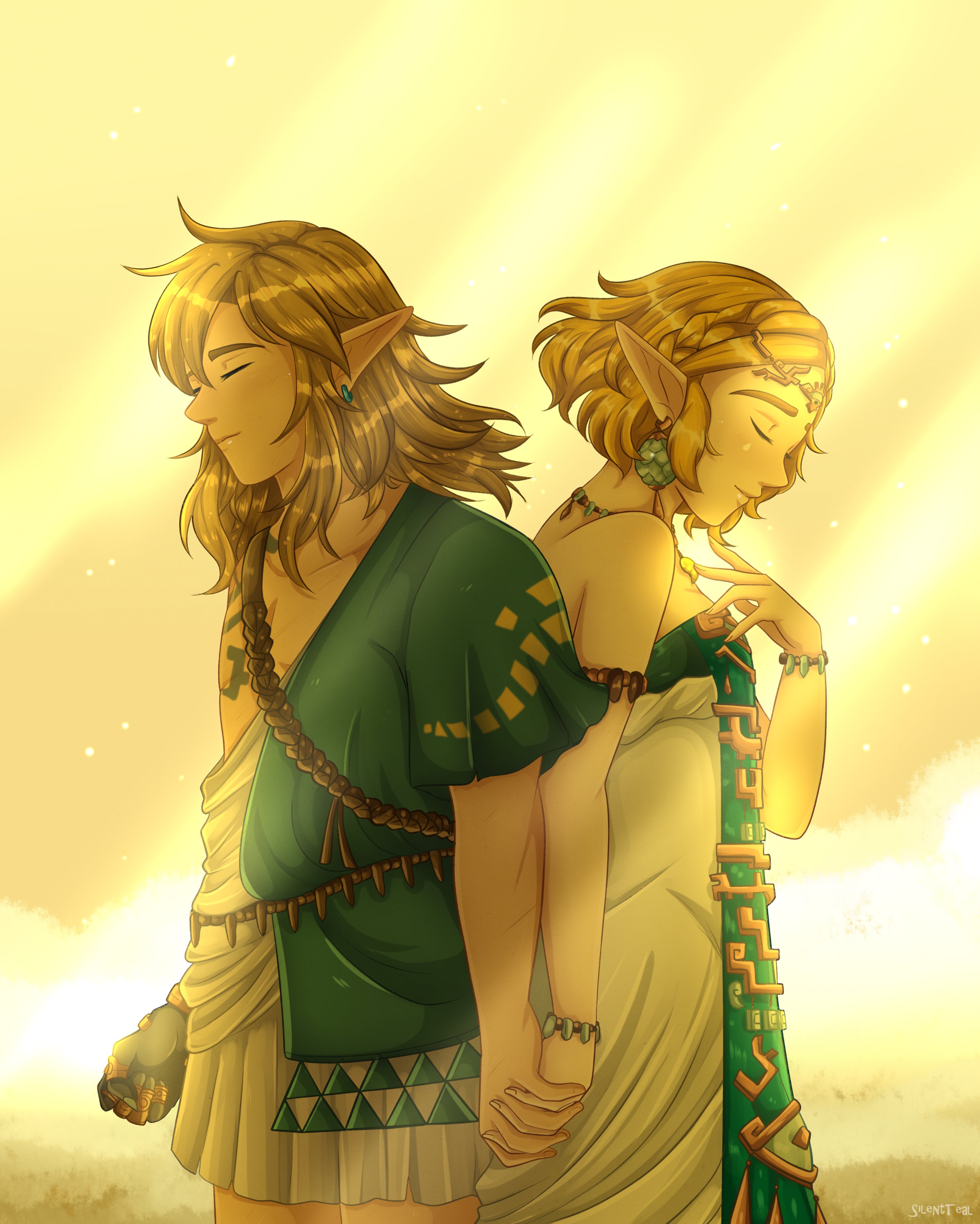 silentteal, link, princess zelda, nintendo, the legend of zelda, the legend of zelda: tears of the kingdom, absurdres, commentary, english commentary, highres, 1boy, 1girl, archaic set (zelda), armlet, back-to-back, bare shoulders, blonde hair, body markings, bracelet, braid, breasts, circlet, closed eyes, couple, cowboy shot, crown braid, dress, earrings, hair between eyes, hand on own chest, hetero, holding hands, interlocked fingers, jewelry, long dress, medium breasts, medium hair, parted bangs, pendant choker, pointy ears, secret stone, short hair, sidelocks, strapless, strapless dress, teardrop facial mark, white dress, yellow background