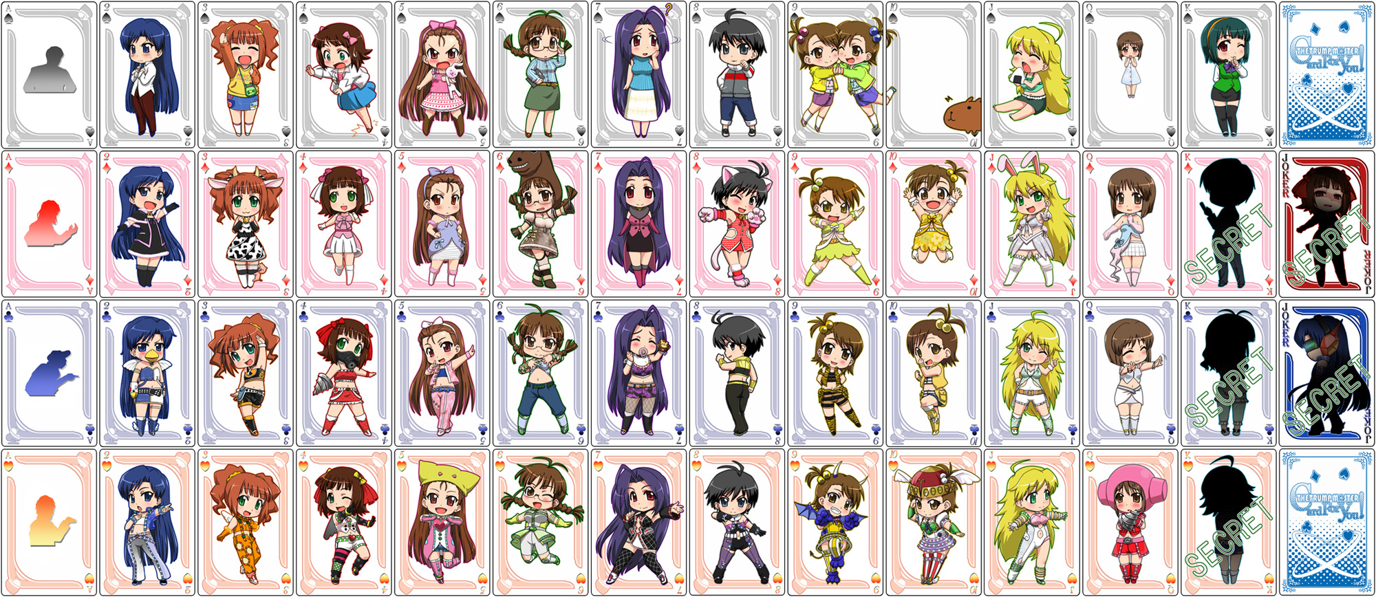zanzi, akizuki ritsuko, amami haruka, capybara-san, dark haruka, futami ami, futami mami, hagiwara yukiho, kikuchi makoto, kisaragi chihaya, mecha chihaya, minase iori, miura azusa, otonashi kotori, takagi jun'ichirou, takatsuki yayoi, idolmaster, idolmaster (classic), idolmaster 1, highres, 00s, 6+girls, antenna hair, card, card (medium), cool & sexy (idolmaster), cosmic & funny (idolmaster), cute & girly (idolmaster), everyone, monochrome spot (idolmaster), multiple girls, playing card, siblings, silhouette, sisters, twins, twintails