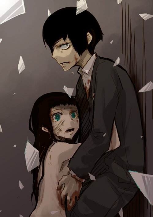 ayakura juu, bad id, bad pixiv id, 1boy, 1girl, black hair, blood, broken mirror, clothed male nude female, green eyes, juu, long hair, mirror, nude, scar, scared
