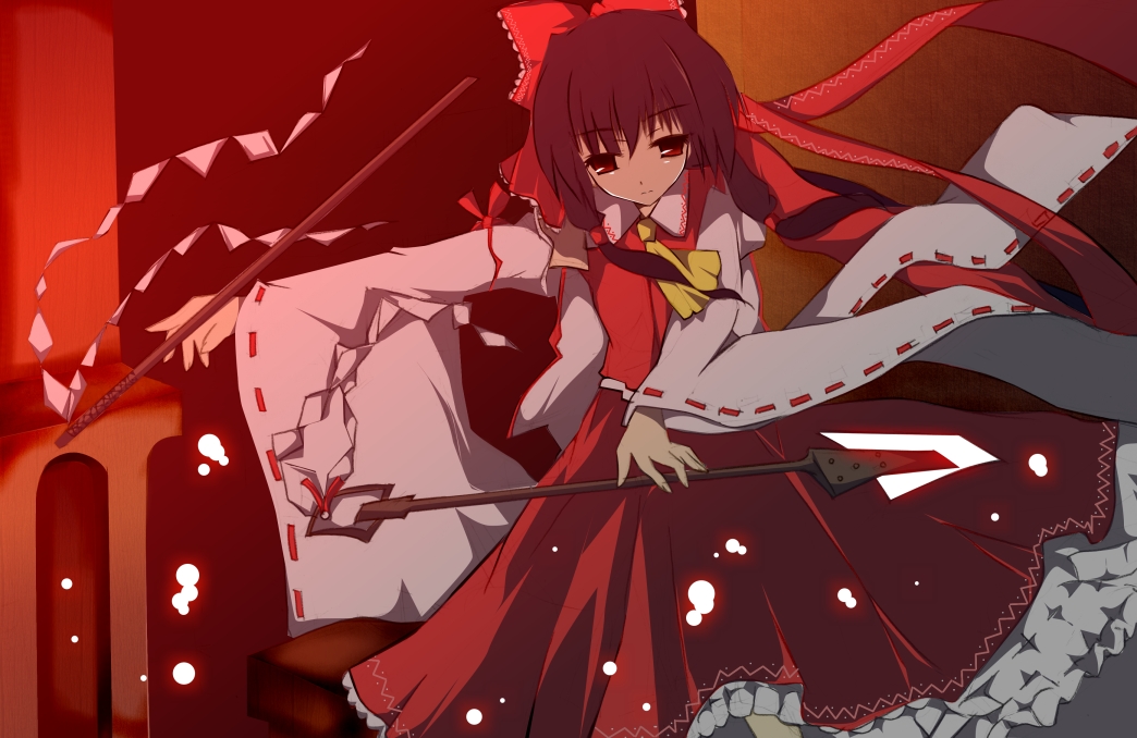 senya fuurin, hakurei reimu, touhou, bad id, bad pixiv id, 1girl, female focus, gohei, gradient background, japanese clothes, miko, ribbon, solo