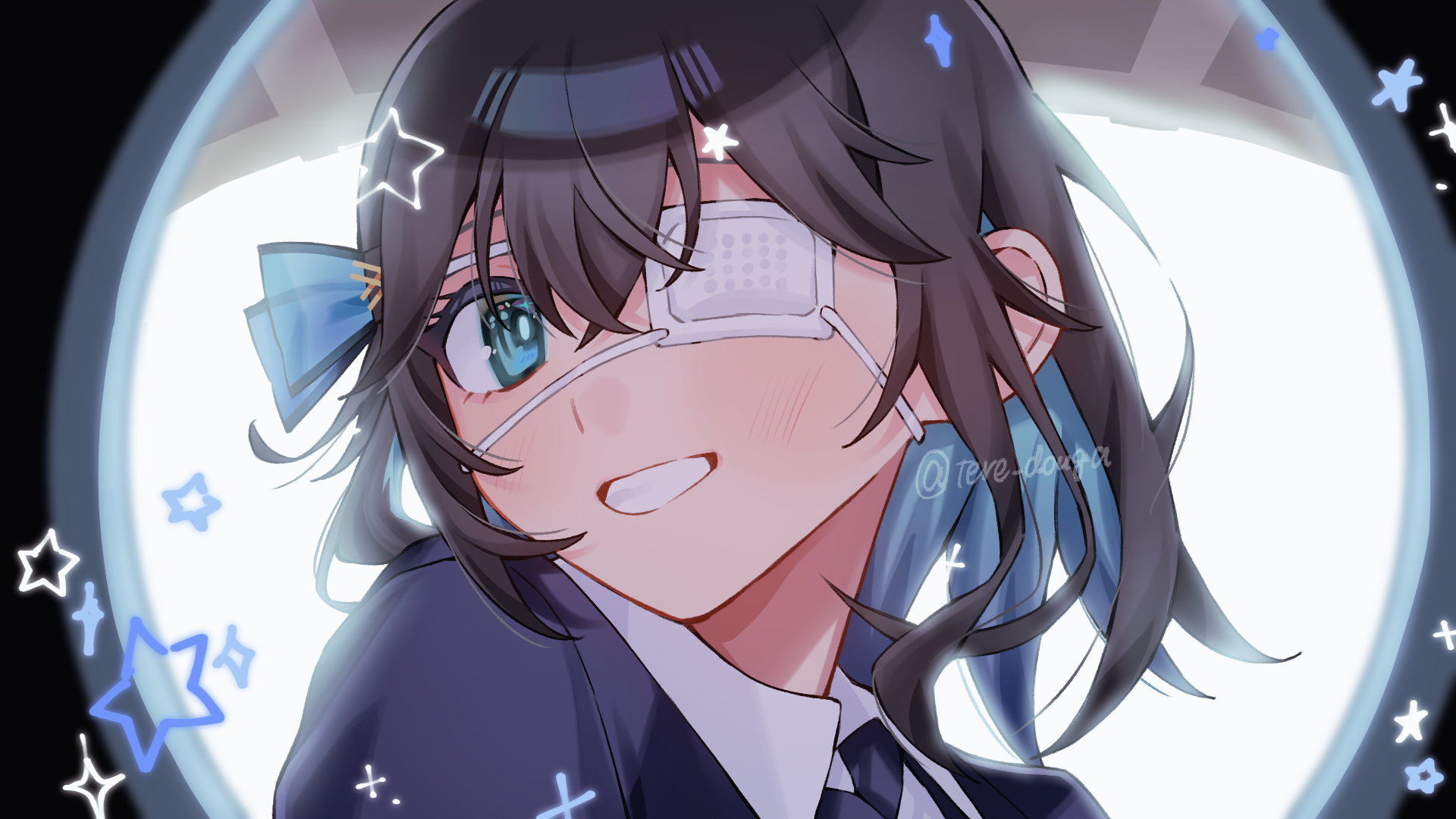 tere douga, miyamai moca, voicepeak, highres, 1girl, blue eyes, colored inner hair, eyepatch, grin, looking at viewer, medical eyepatch, multicolored hair, one eye covered, pov peephole, smile, solo, star (symbol)