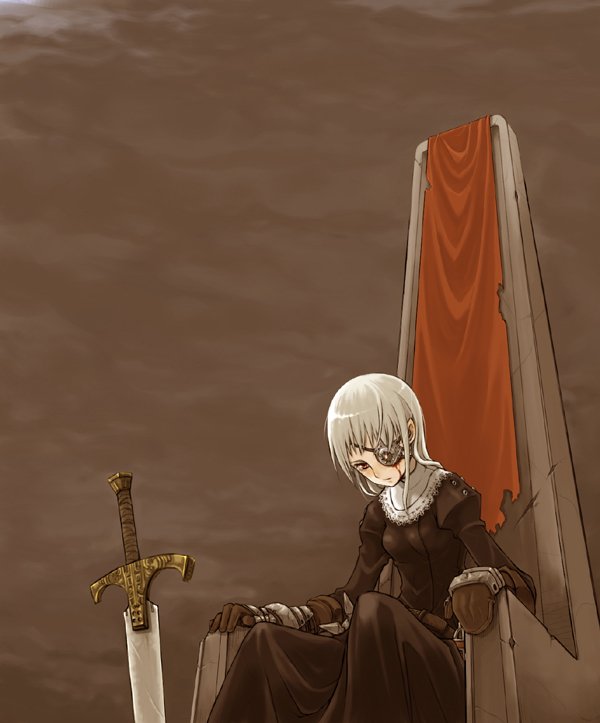ayakura juu, silver hair, bad id, bad pixiv id, 1girl, bleeding, blood, eyepatch, female focus, juu, long hair, solo, sword, throne, weapon