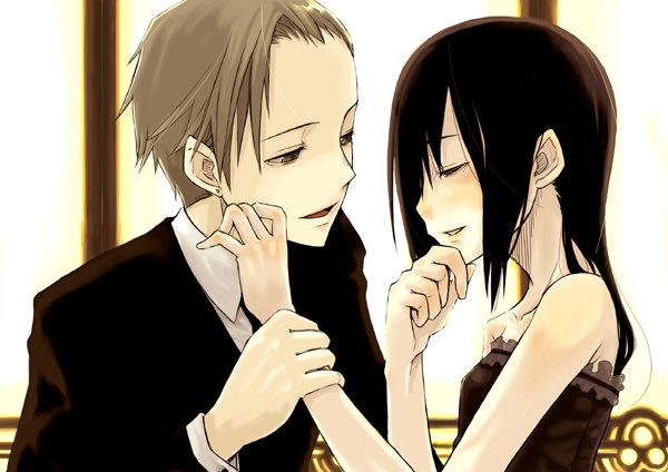 ayakura juu, 1boy, 1girl, bare shoulders, black hair, couple, flat chest, formal clothes, hetero, holding another's wrist, juu, long hair, suit