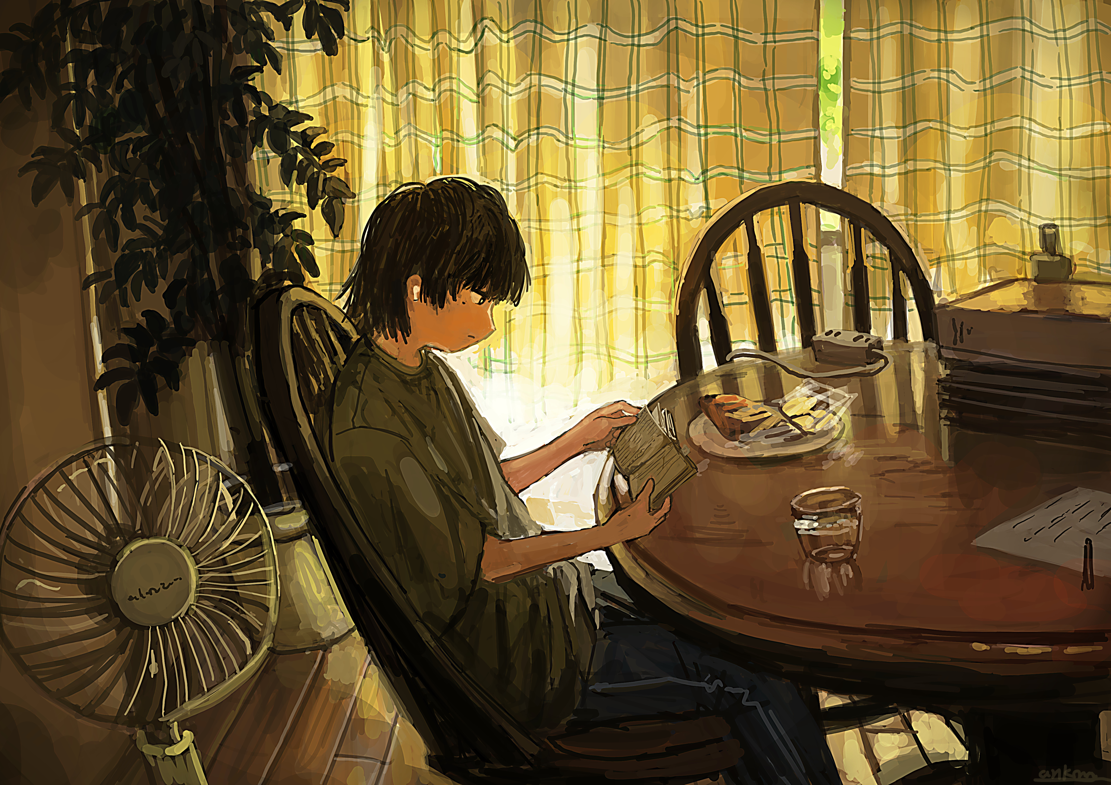 anko1127, huion, original, absurdres, highres, airpods, ambiguous gender, black hair, book, casual, chair, cup, curtains, dining room, drinking glass, electric fan, faux traditional media, food, indoors, plant, potted plant, reading, scenery, slice of life, tree, wireless earphones