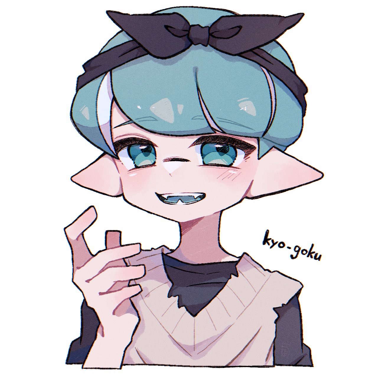 aheruk, inkling boy, inkling player character, nintendo, splatoon (series), splatoon 3, commentary, highres, symbol-only commentary, 1boy, aqua eyes, aqua hair, arm up, black bow, black hairband, bow, bow hairband, hairband, inkling, looking at viewer, male focus, open mouth, pointy ears, short hair, simple background, smile, solo, tentacle hair, upper body, white background
