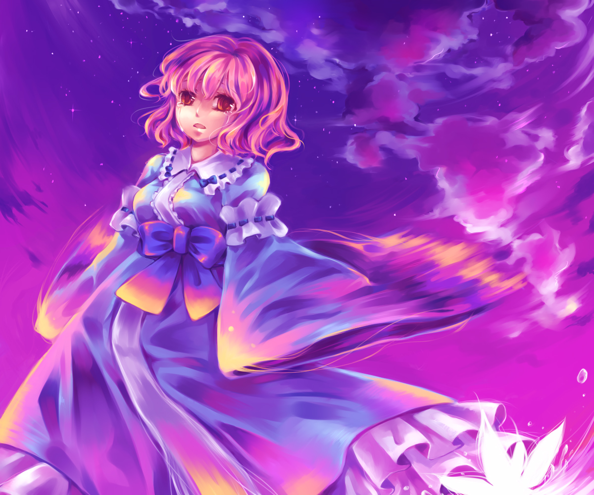 kirero, saigyouji yuyuko, touhou, bad id, bad pixiv id, 1girl, female focus, japanese clothes, kimono, pink hair, ribbon, short hair, solo, tears