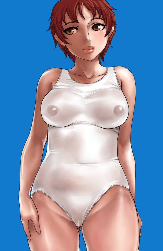 matoyama, 1girl, blue background, brown eyes, female focus, lips, one-piece swimsuit, red hair, school swimsuit, see-through clothes, short hair, solo, swimsuit, white one-piece swimsuit, white school swimsuit