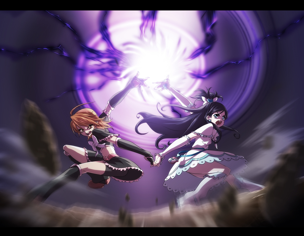 nekomamire, cure black, cure white, misumi nagisa, yukishiro honoka, futari wa precure, precure, black footwear, white footwear, 00s, 2girls, attack, blue eyes, blue hair, boots, brown eyes, brown hair, earrings, elbow gloves, gloves, half updo, holding hands, jewelry, knee boots, letterboxed, long hair, magical girl, marble screw, midriff, multiple girls, navel, short hair