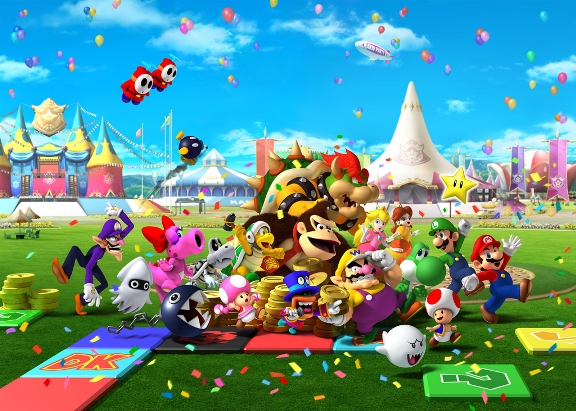 big top, birdo, blooper (mario), bob-omb, boo (mario), bowser, chain chomp, donkey kong, dry bones, fly guy, hammer bro, koopa, luigi, mario, mc ballyhoo, princess daisy, princess peach, shy guy, toad (mario), toadette, waluigi, wario, yoshi, donkey kong (series), mario (series), mario party, nintendo, super mario bros. 1, super mario land, official art, 4girls, 6+boys, aircraft, balloon, cloud, coin, dirigible, everyone, multiple boys, multiple girls, outdoors, sky, star (symbol)