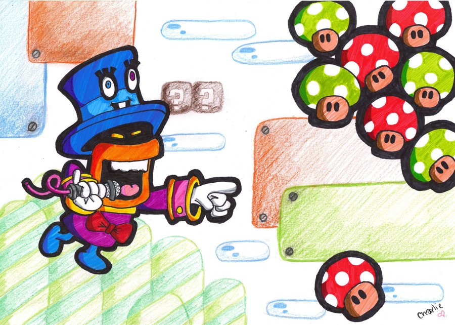 big top, mc ballyhoo, mario (series), nintendo, super mario bros. 1, ? block, microphone, mushroom, no humans, outdoors, sky