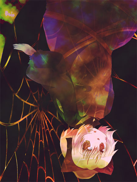 shion (ikihara), shion (pixiv), kurodani yamame, touhou, bad id, bad pixiv id, 1girl, blonde hair, female focus, ribbon, short hair, silk, solo, spider web