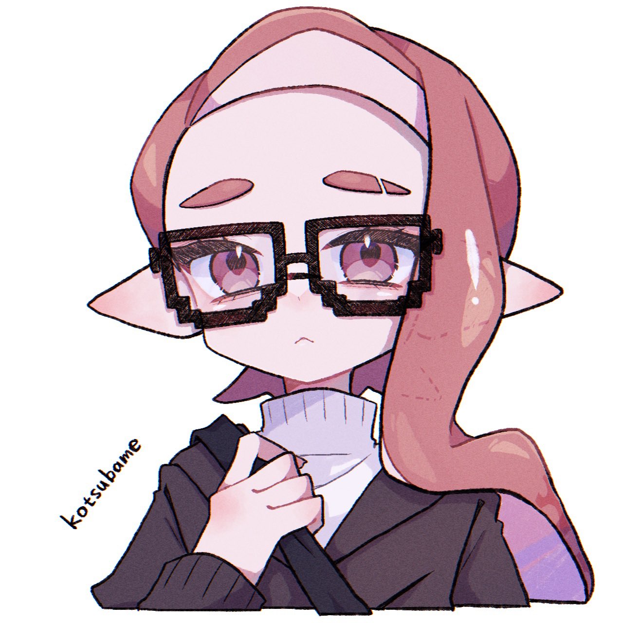 aheruk, inkling girl, inkling player character, nintendo, splatoon (series), splatoon 3, commentary, highres, symbol-only commentary, 1girl, black-framed eyewear, closed mouth, eyebrow cut, glasses, inkling, long hair, looking at viewer, pointy ears, red eyes, red hair, simple background, solo, sweater, tentacle hair, turtleneck, turtleneck sweater, upper body, white background, white sweater