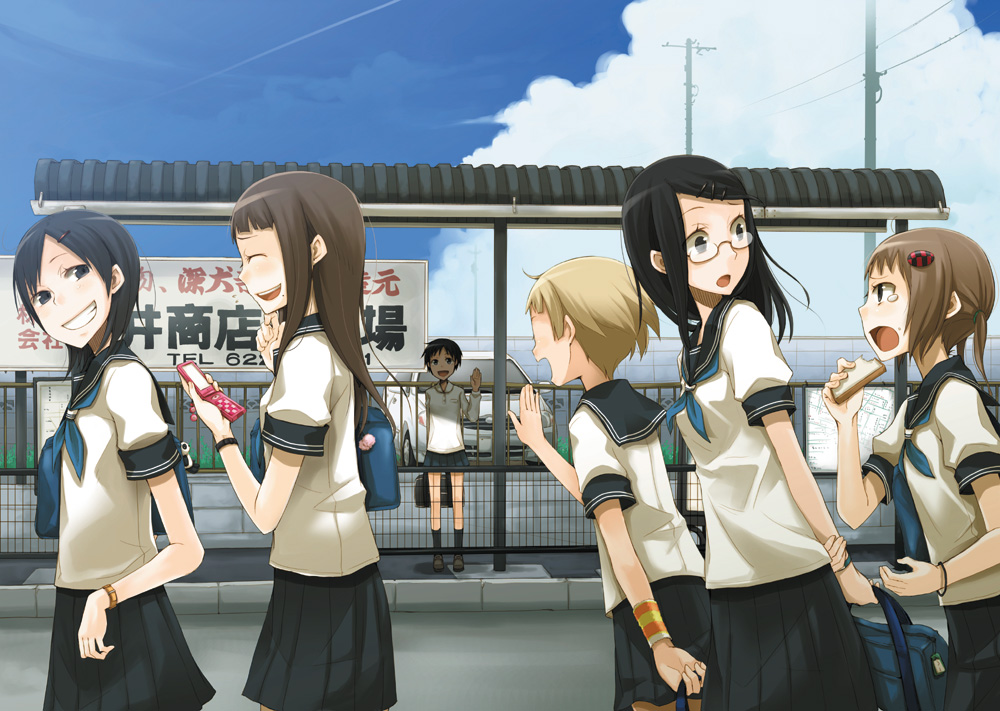 ayakura juu, original, 6+girls, arms behind back, bag, black hair, blonde hair, bread, brown hair, bus stop, cellphone, closed eyes, eating, female focus, flat chest, food, glasses, grin, hair ornament, hairclip, juu, long hair, mole, multiple girls, phone, school uniform, serafuku, short hair, skirt, smile, tears, waving, wristband