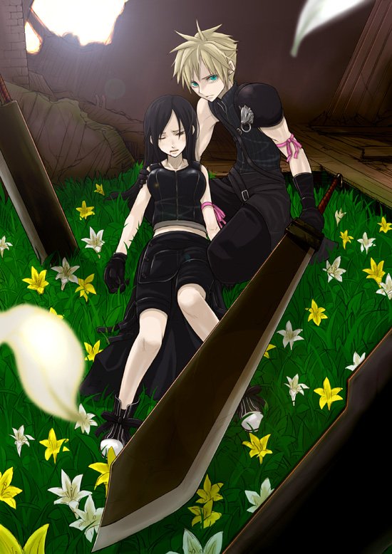ayakura juu, cloud strife, tifa lockhart, final fantasy, final fantasy vii, final fantasy vii advent children, 00s, 1990s (style), black hair, blonde hair, field, flower, huge weapon, juu, lying, mako eyes, retro artstyle, ribbon, sword, weapon