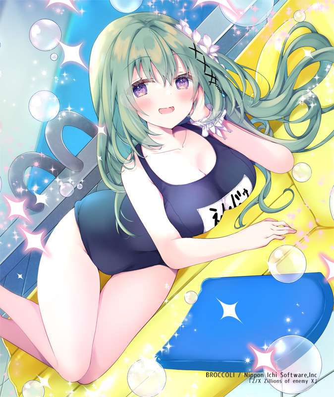 satsuki mayuri, enju (z/x), z/x, official art, 1girl, breasts, bubble, cleavage, copyright notice, dutch angle, flower, frilled wristband, green hair, hair flower, hair ornament, hand on own chin, long hair, lying, name tag, old school swimsuit, on side, open mouth, poolside, purple eyes, school swimsuit, solo, sparkle, swimsuit