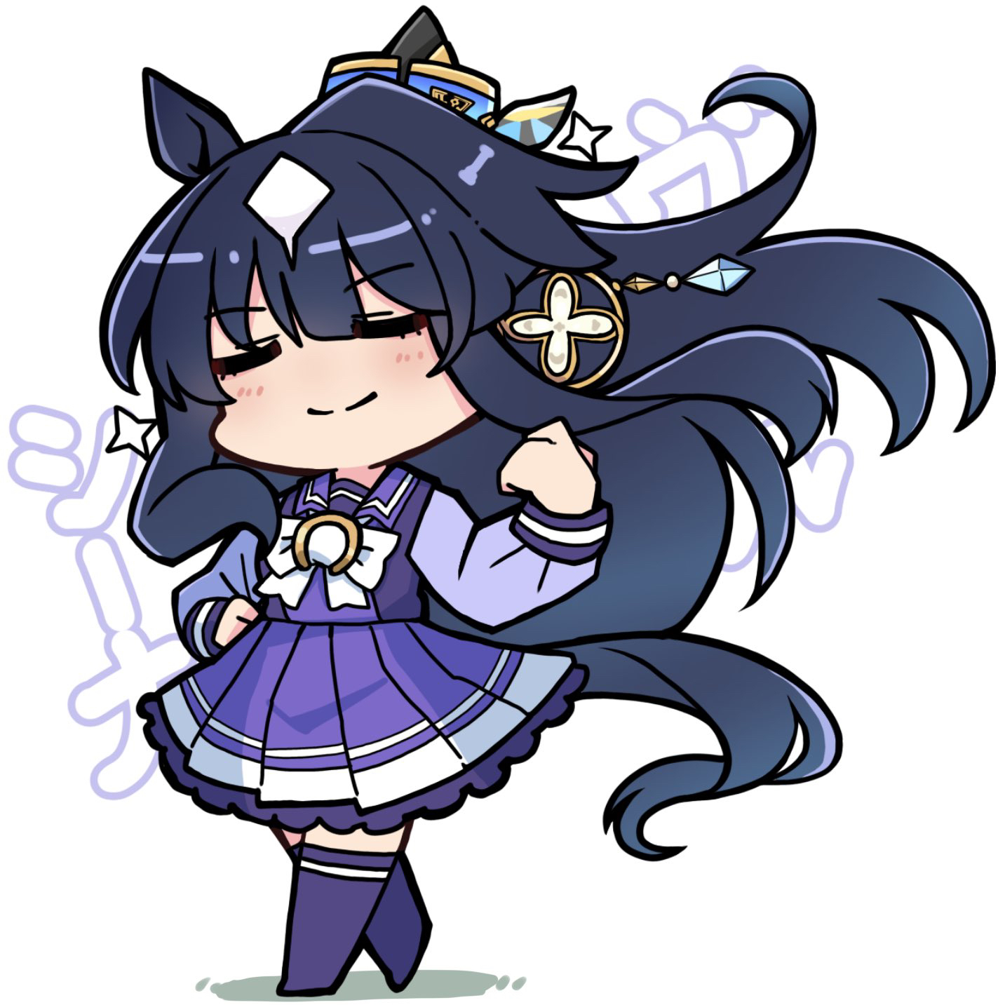 kawamochi (tddm3573), verxina (umamusume), umamusume, highres, translation request, 1girl, animal ears, black hair, blush, bow, chibi, closed eyes, closed mouth, facing viewer, full body, hand on own hip, hand up, horse ears, horse girl, horse tail, long hair, long sleeves, multicolored hair, no shoes, pleated skirt, puffy long sleeves, puffy sleeves, purple shirt, purple skirt, purple thighhighs, shadow, shirt, skirt, smile, solo, standing, tail, text background, thighhighs, two-tone hair, very long hair, white background, white bow, white hair