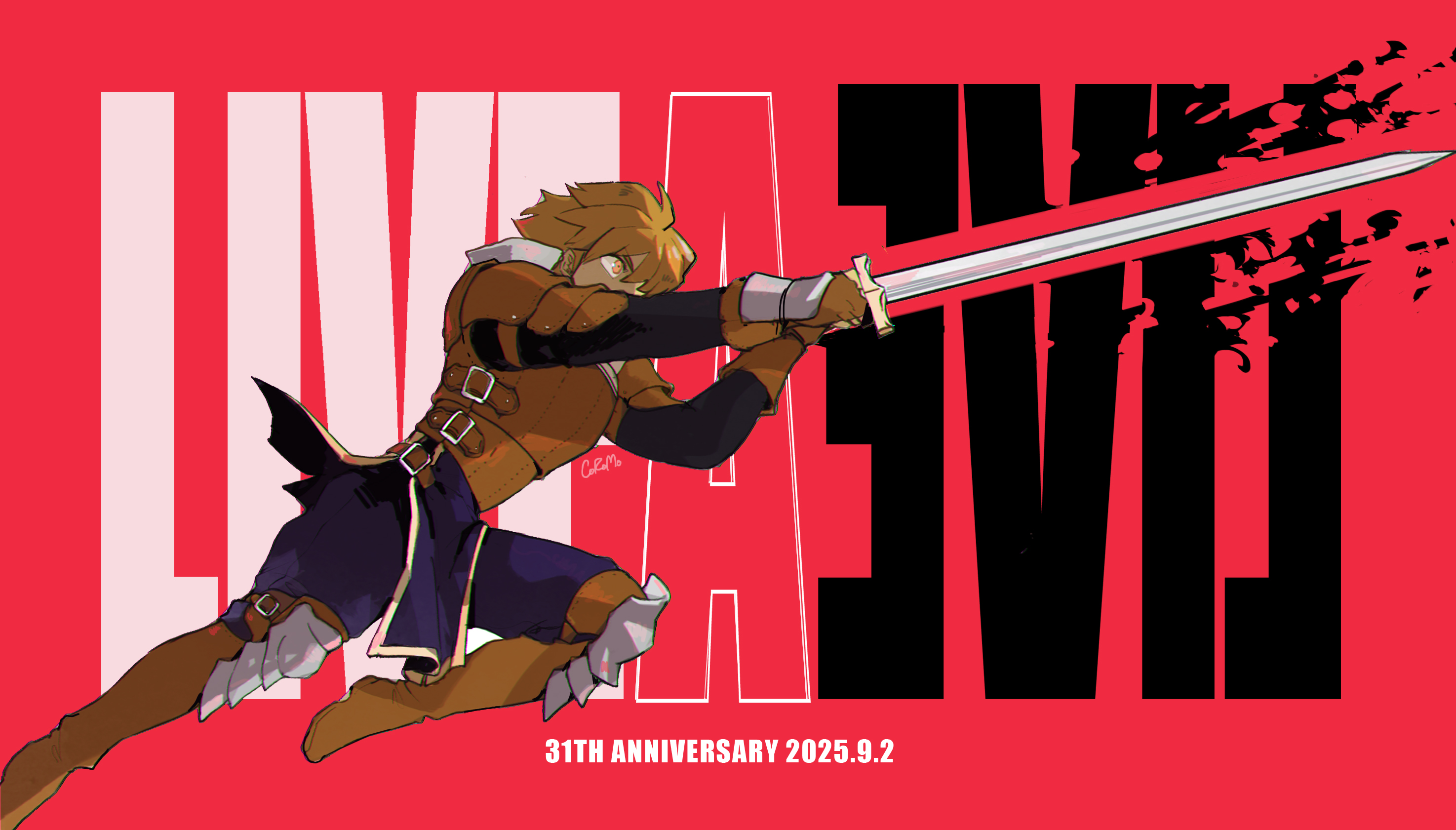 oersted, live a live, highres, 1boy, anniversary, armor, black shirt, blonde hair, blue pants, boots, breastplate, brown boots, brown gloves, copyright name, dated, full body, gloves, hair between eyes, holding, holding sword, holding weapon, knee pads, leather armor, male focus, pants, red background, sakkuricoromo, shirt, short hair, shoulder armor, solo, sword, weapon, yellow eyes
