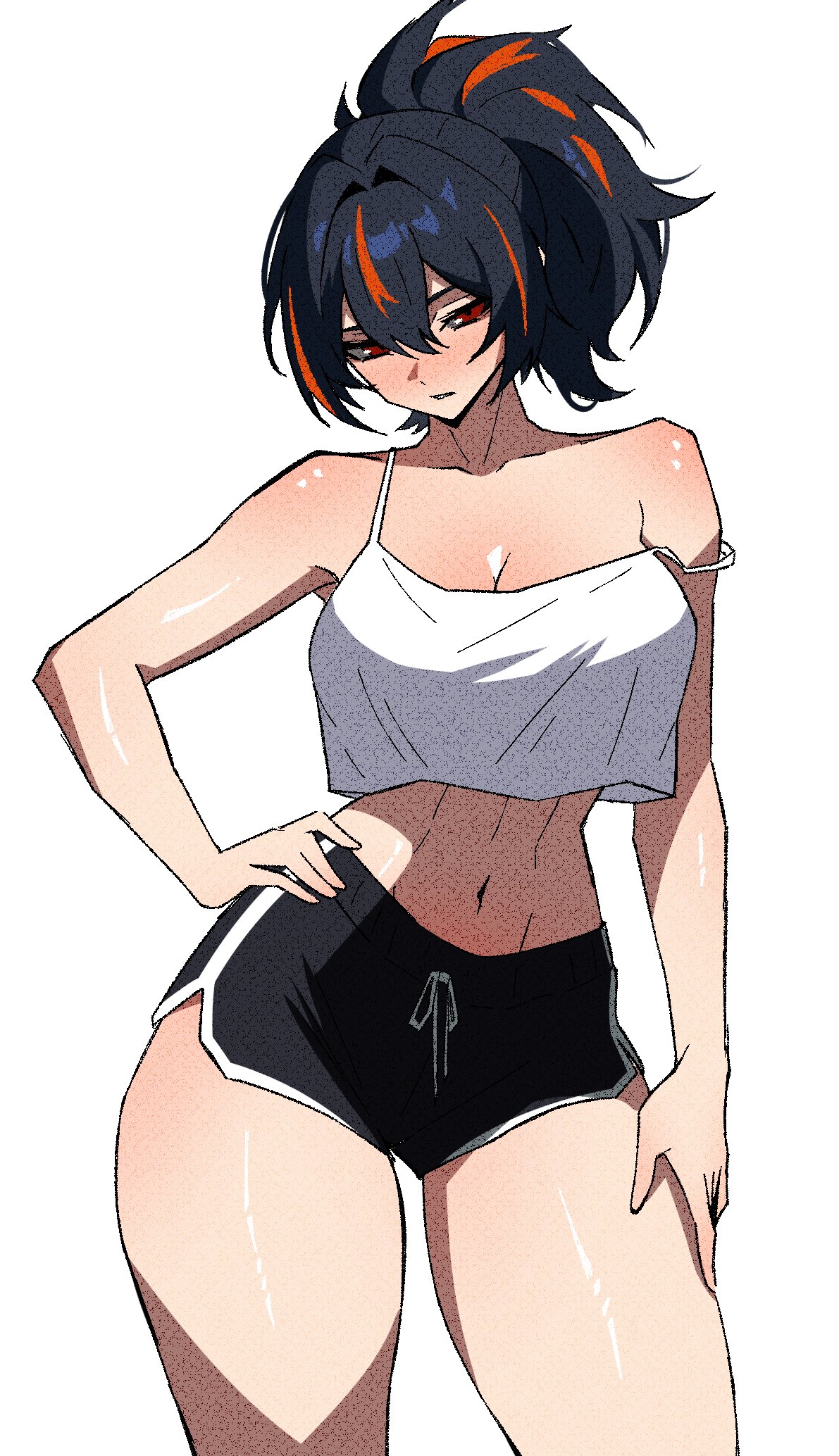 zhu yuan, zenless zone zero, highres, 1girl, alternate costume, black shorts, breasts, cleavage, collarbone, dolphin shorts, large breasts, multicolored hair, navel, ponytail, red hair, ritorugalaxy, shorts, simple background, solo, streaked hair, thighs, white background