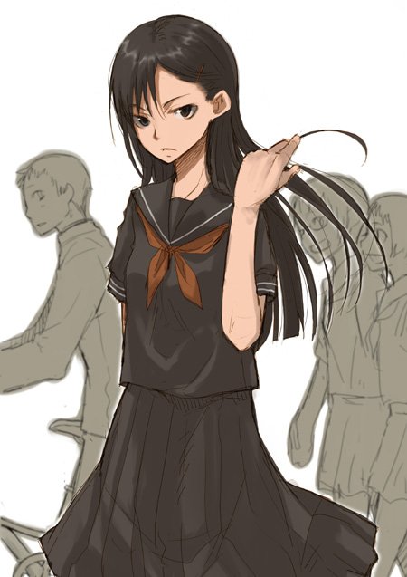 ayakura juu, original, 1girl, black eyes, black hair, hair ornament, hairclip, juu, long hair, long skirt, school uniform, serafuku, sketch, skirt, solo focus