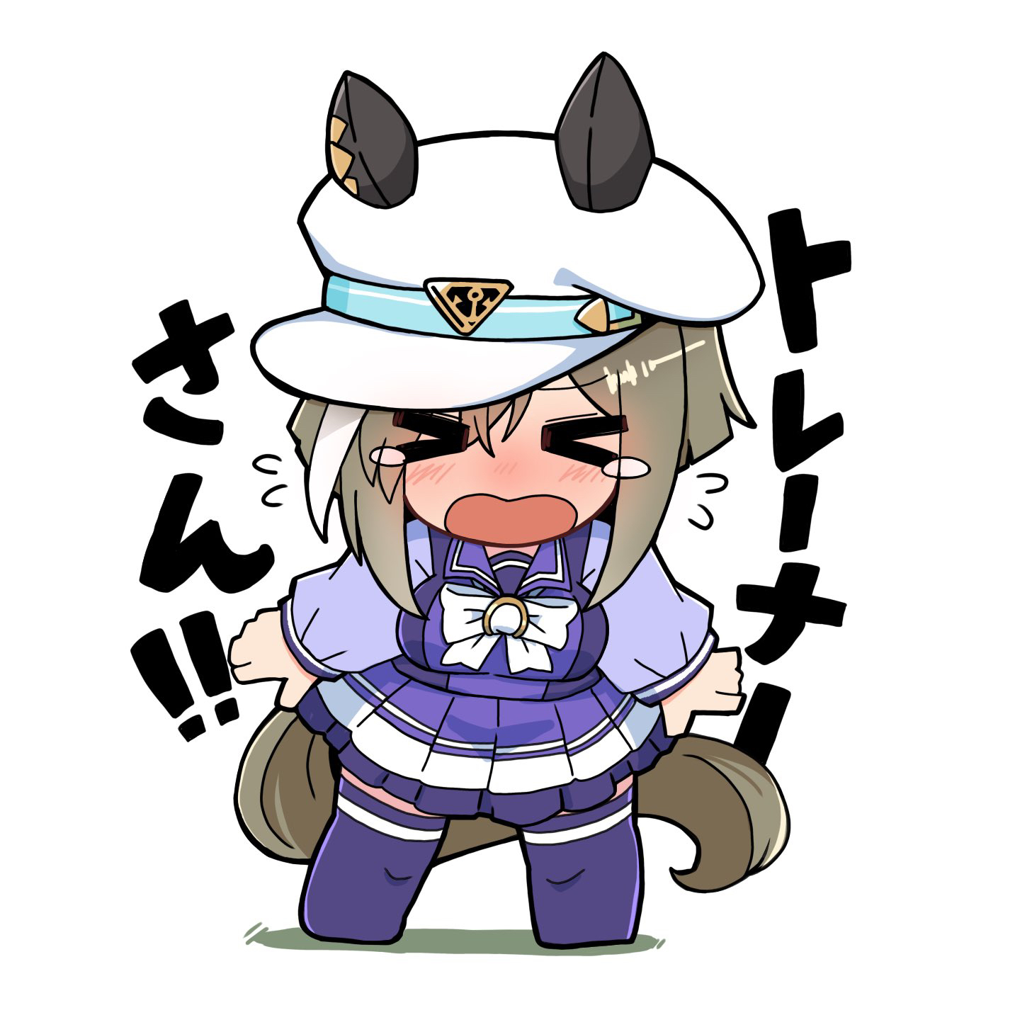 kawamochi (tddm3573), cheval grand (umamusume), umamusume, highres, translation request, > <, 1girl, animal ears, blush, bow, brown hair, chibi, closed eyes, ears through headwear, facing viewer, flying sweatdrops, frilled skirt, frills, full body, hat, horse ears, horse girl, horse tail, long sleeves, multicolored hair, nose blush, open mouth, peaked cap, pleated skirt, puffy long sleeves, puffy sleeves, purple shirt, purple skirt, purple thighhighs, shadow, shirt, simple background, skirt, solo, standing, streaked hair, tail, tears, text background, thighhighs, wavy mouth, white background, white bow, white hair, white hat