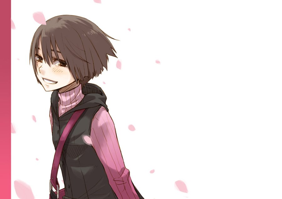 ayakura juu, bad id, bad pixiv id, bag, blush, brown eyes, brown hair, happy, juu, petals, short hair, tears