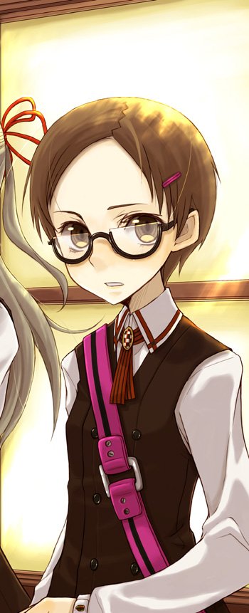 ayakura juu, bad id, bad pixiv id, 1girl, brown eyes, brown hair, flat chest, forehead, glasses, hair ornament, hairclip, juu, school uniform, serafuku, short hair, solo focus