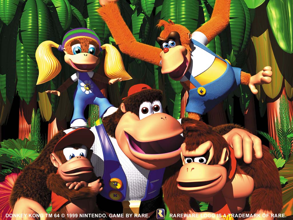 chunky kong, diddy kong, donkey kong, lanky kong, tiny kong, donkey kong (series), donkey kong 64, nintendo, rareware, clothes, 1girl, 4boys, ape, aqua eyes, beanie, black eyes, blonde hair, blue eyes, brown eyes, buttons, floral print, hat, jungle, monkey, multiple boys, nature, necktie, no humans, overalls, plant, red nose, short twintails, suspenders, tree, twintails