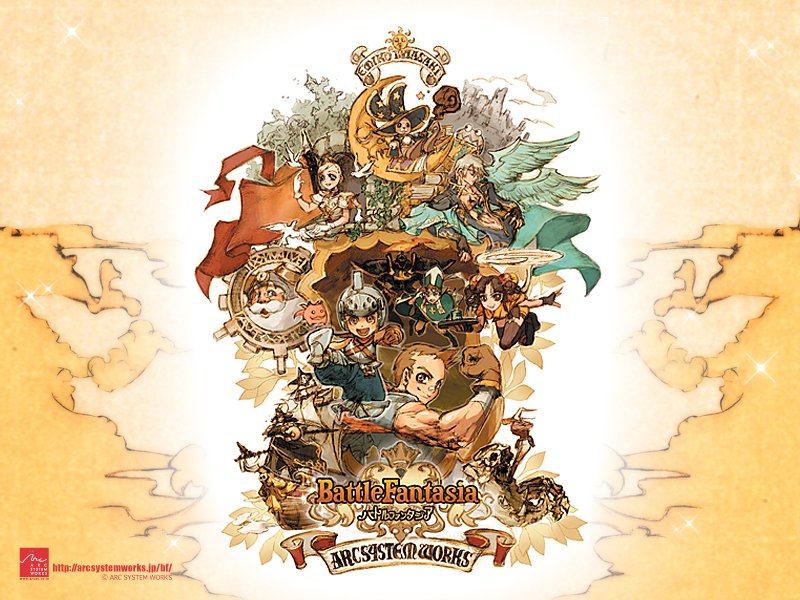 iwasaki emiko, ashley loveless, cedric ward, coyori, deathbringer (battle fantasia), donvalve du don, face (battle fantasia), fighter, freed velez, marco van de land, olivia von roselia, urs van de land, watson livingston, arc system works, battle fantasia, bird, moon, princess, waitress, warrior, wizard