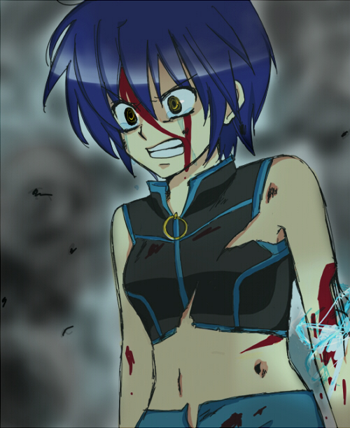 subaru nakajima, lyrical nanoha, mahou shoujo lyrical nanoha, mahou shoujo lyrical nanoha strikers, bad id, bad pixiv id, 00s, 1girl, angry, bad anatomy, blood, female focus, midriff, poorly drawn, purple hair, short hair, solo, sparks, torn clothes, yellow eyes